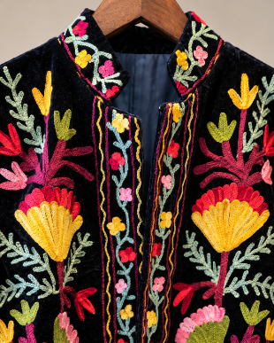 Black Multicolor Velvet Embroidered Jacket
