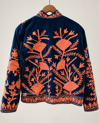 Navy and Coral Velvet Embroidered