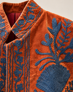 Terracotta and Blue Velvet Embroidered Jacket