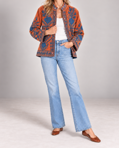 Terracotta and Blue Velvet Embroidered Jacket