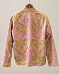 Cream Pink and Lime Velvet Embroidered Jacket