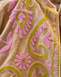 Cream Pink and Lime Velvet Embroidered Jacket