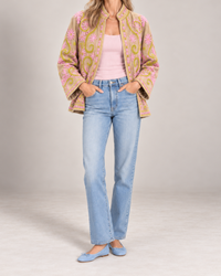 Cream Pink and Lime Velvet Embroidered Jacket