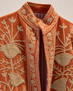 Rust and Beige Velvet Embroidered Jacket