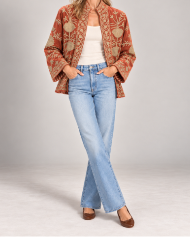 Rust and Beige Velvet Embroidered Jacket