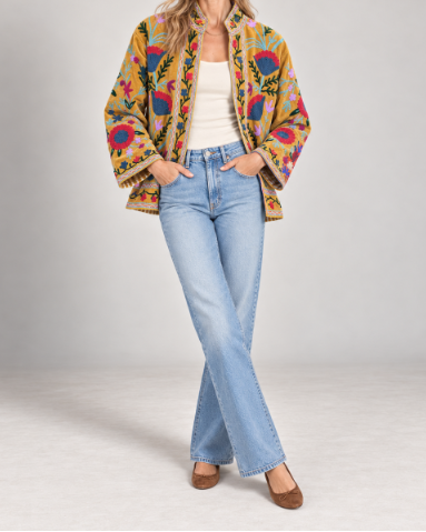 Mustard Multicolor Velvet Embroidered Jacket