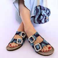 Blue and Navy Patterned Willow Slides